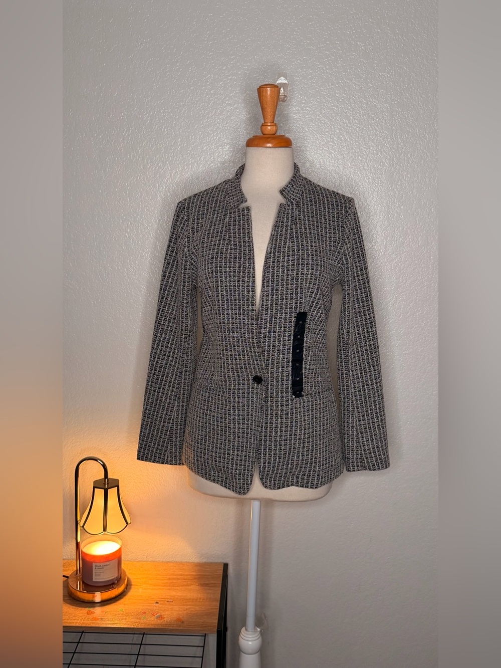 Blazer Knit de Tweed Blanco y Negro con un Botón